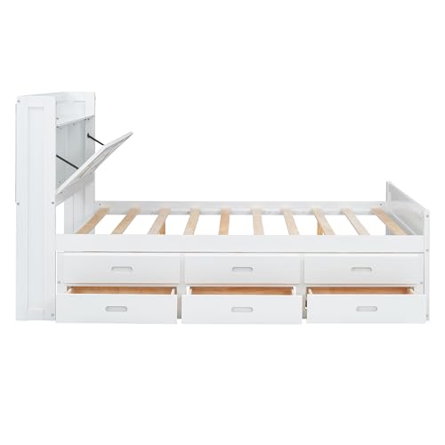 Harper & Bright Designs Twin Size Captain Platform Bed with Bookcase Headboard, Wood Twin Bed Frame with Storage Drawers and Shelves