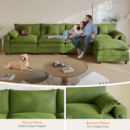 Modular Sectional Sofa, Cloud Couch with Ottoman, Charging Station, Throw Pillows, Cup Holders, Modern Convertible U Shaped Couches for Living Room