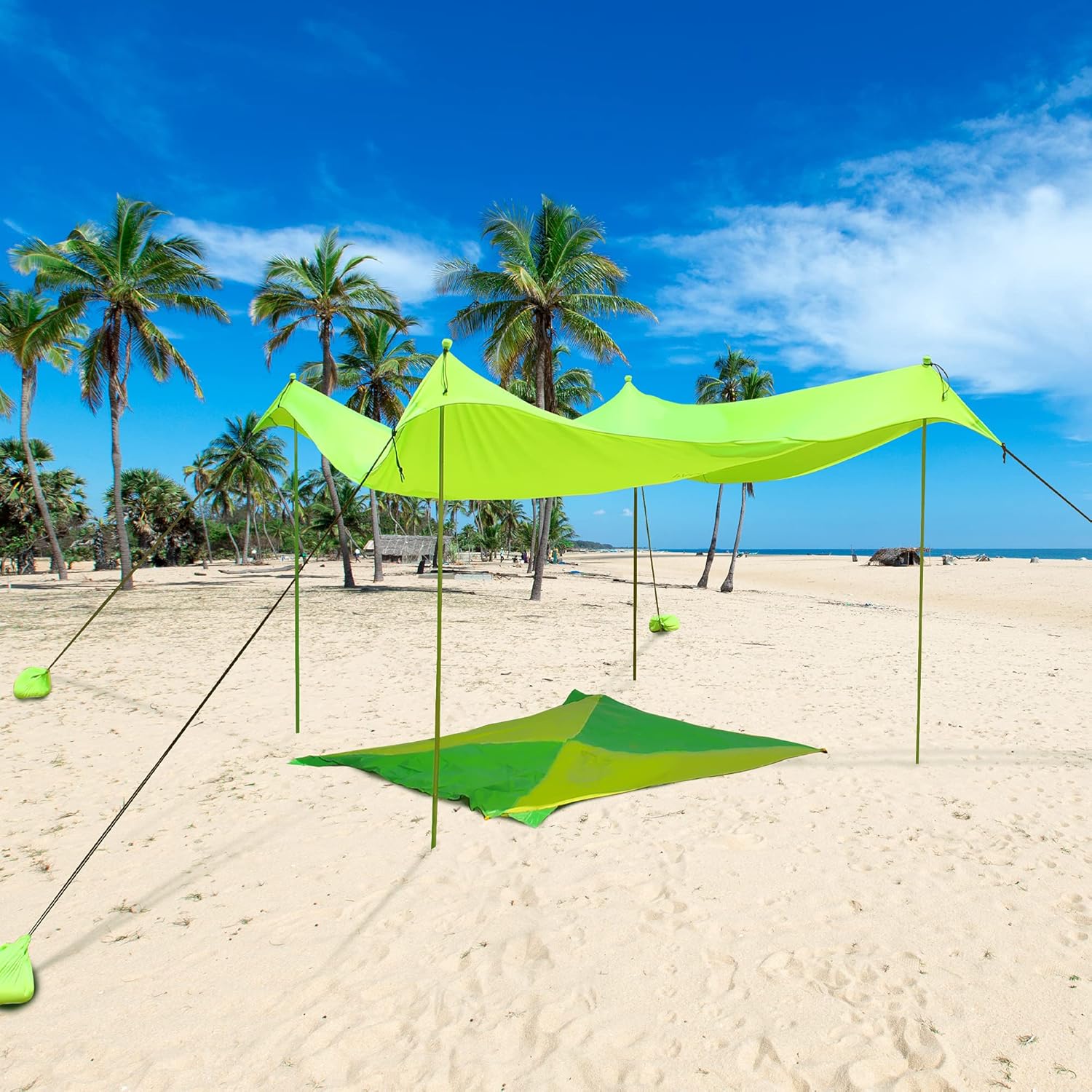 Pop Up Beach Tent Sun Shelter, Outdoor Shade Canopy with Sandbags, UPF50+ Portable Beach Tents Sun Shelter with 2 Aluminum Poles (Azure 4 Poles)