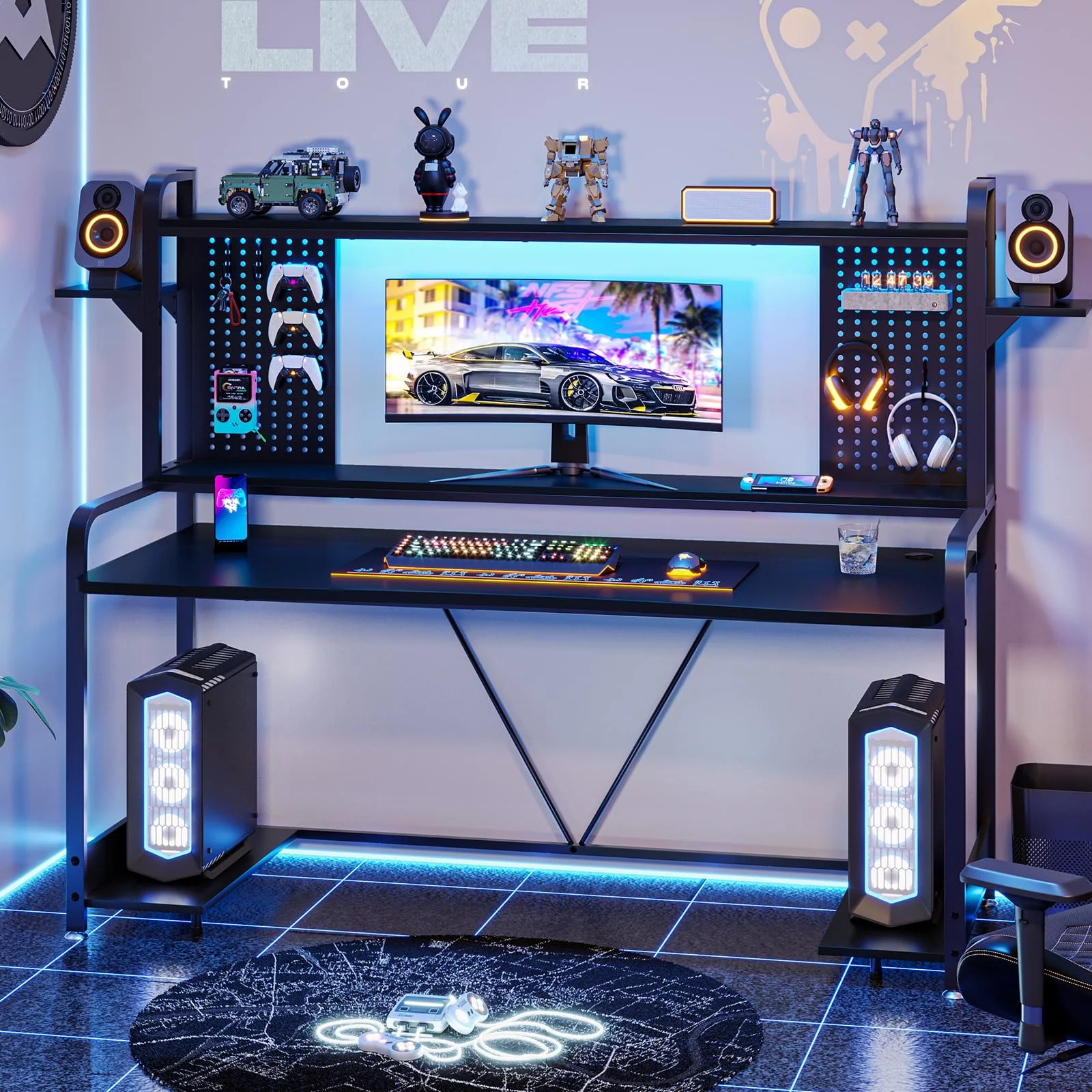 Black Gaming Desk, 55" Computer Desk with LED Lights, Hutch and Shelves, Large PC Gamer Desk Workstation for Home Office