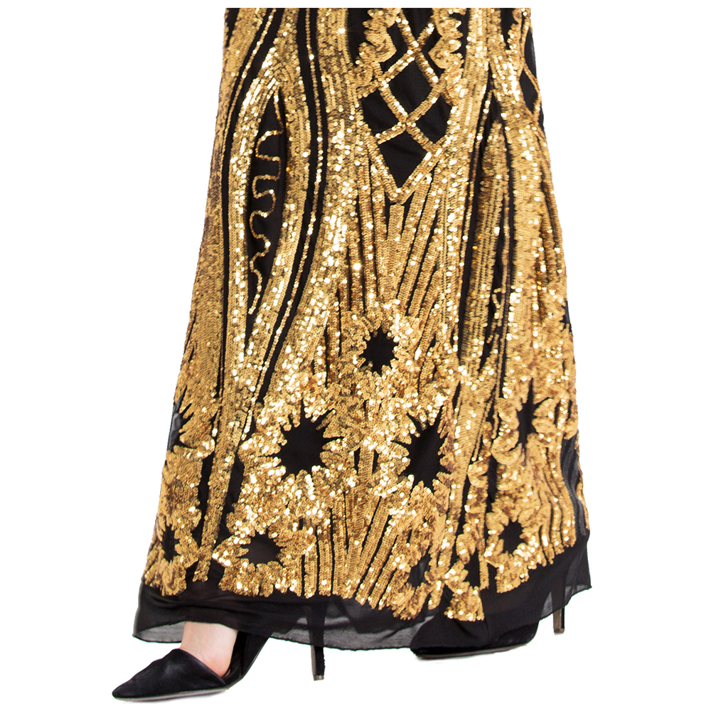 Angel-fashions Vintage Party Gown Women's Off Shoulder Gold Floral Pattern Sequins Sheath Long Evening Dress Medium
