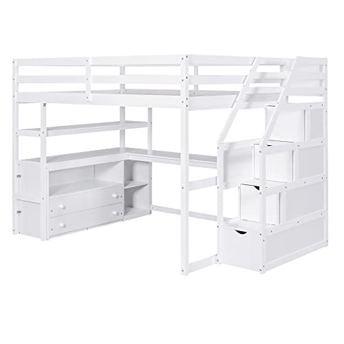 Twin Loft Bed with Staircase, Desk and Wardrobe, Wood Loft Bed with Storage Shelves and Safety Guardrail
