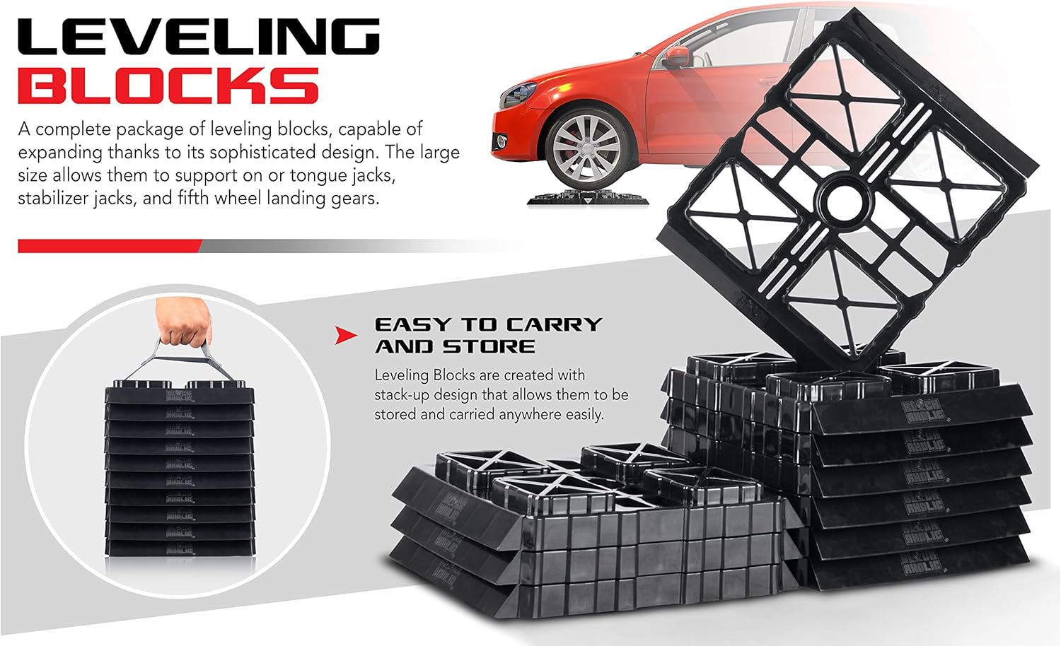 Blockaholic RV Leveling Blocks - 10 Pack of Leveling Blocks with Built-in Ramps and Carrying Strap
