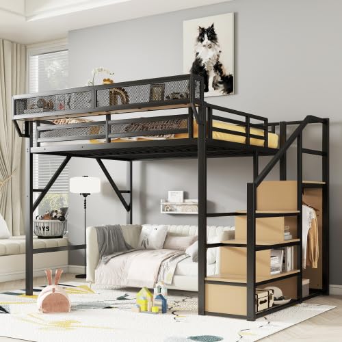 Full Size Loft Bed with Desk and Stairs, Heavy-Duty Steel Loft Bed Frame with Wardrobe & LED Light