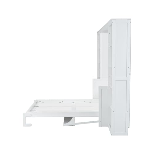 SOFTSEA Full Size Murphy Bed with Desk and Shelves, 110" Solid Folable Platform Bed with Double Storage Cabinets