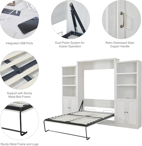 MERITLINE Queen Size Murphy Bed with Storage Bookcase Shelves,Cabinet and Charging Station,Wood Folding White Murphy Wall Bed