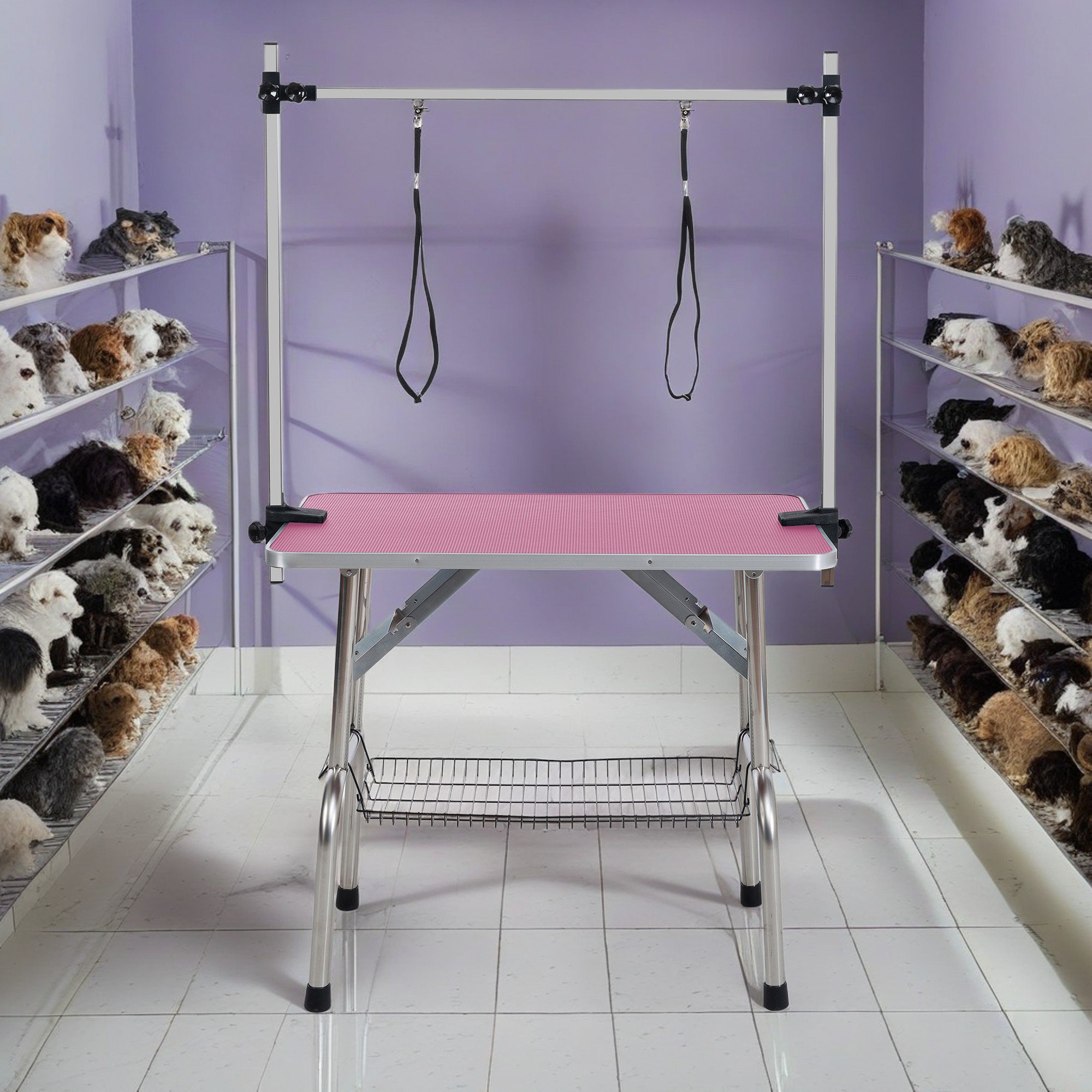 Pefilos 42" Pet Grooming Table for Large Dogs Adjustable Height Portable Trimming Table Drying Table w/Arm/Noose/Mesh Tray, Pink