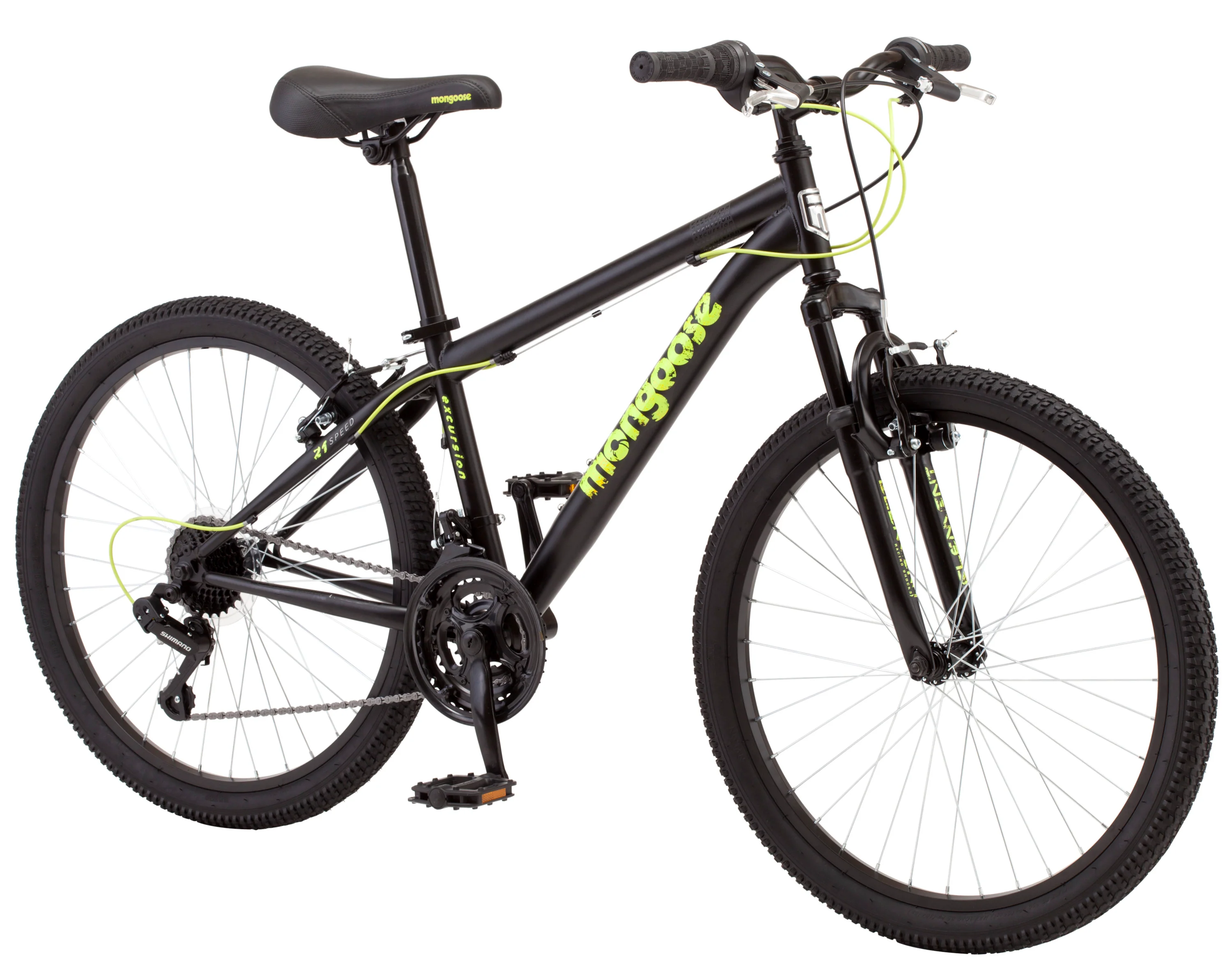 Mongoose Excursion mountain bike, 24-inch wheel, 21 speeds, boys, black