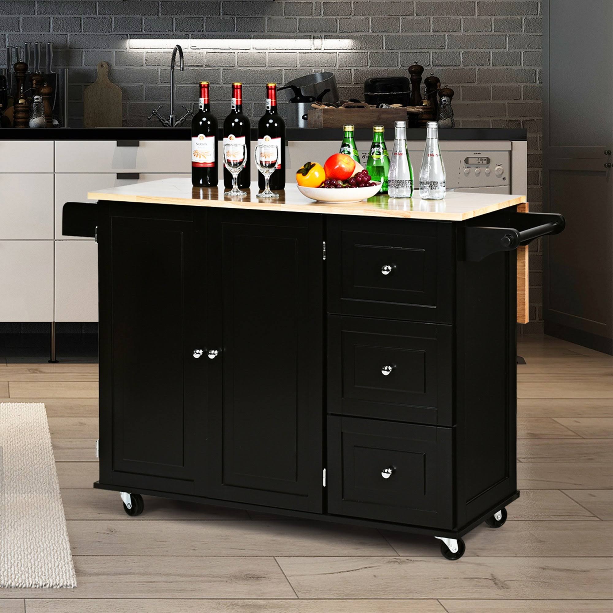 Gymax Drop-Leaf Kitchen Island Trolley Cart Wood Storage Cabinet w/ - See Details - Kitchen Cart - Black