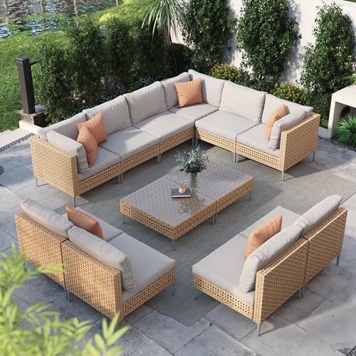 Grand patio 7-Piece Wicker Patio Furniture Set, Boho Outdoor Conversation Set Sectional Sofa with Water Resistant Thick Cushions and Coffee Table