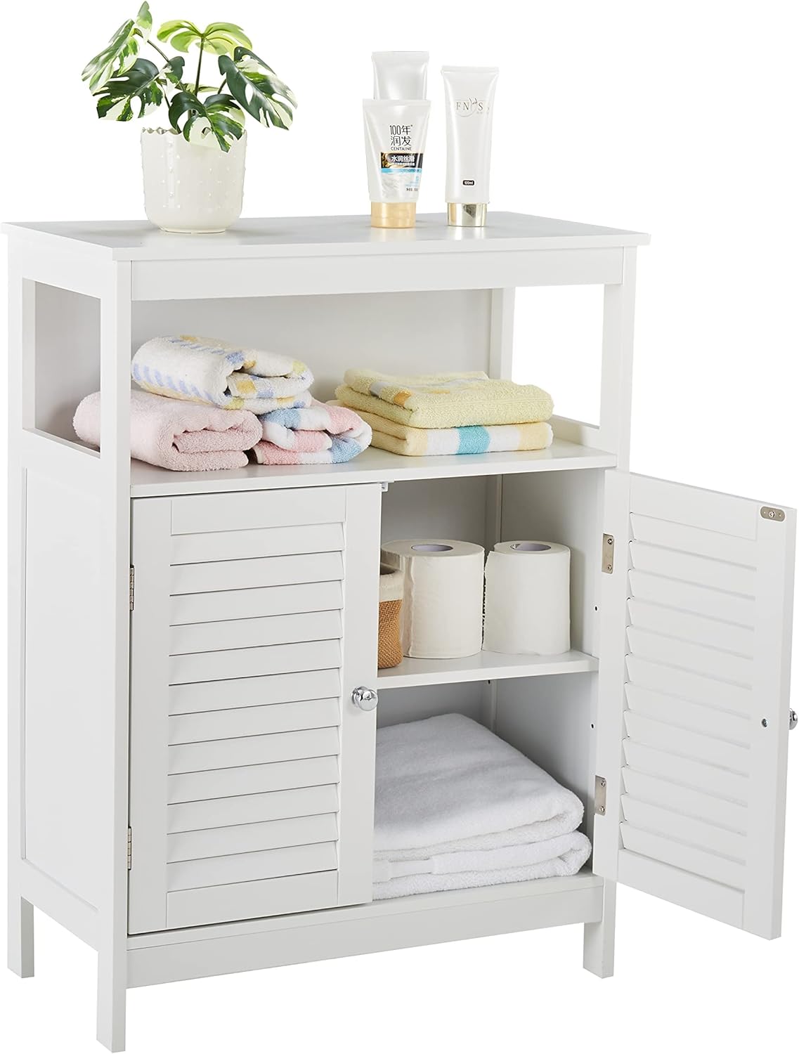 HoorLang Storage for Bathroom, Small Cabinets, Bathroom Table with Storage Cupboard Open Compartments, Easy Assembly White HLBC04W