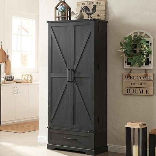 72" Farmhouse Kitchen Pantry Cabinet with Drawer, Tall Storage Cabinet with 2 Barn Doors and Shelves, Versatile Large Rustic Cupboard for Dining Room