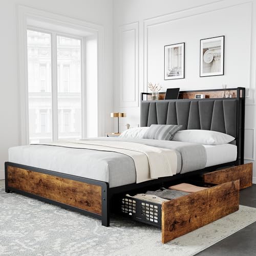 GAOMON Full Size Bed Frame with 4 Storage Drawers and Linen Upholstered Headboard, Full Platform Bed Frame with Charging Station
