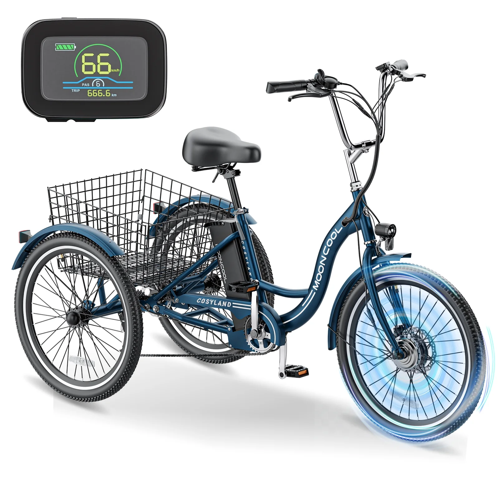 MOONCOOL 350W Motorized Electric Trike, 7 Speed 3 Wheel Electric Bicycle with 36V 14.5Ah Lithium Battery UL Certified