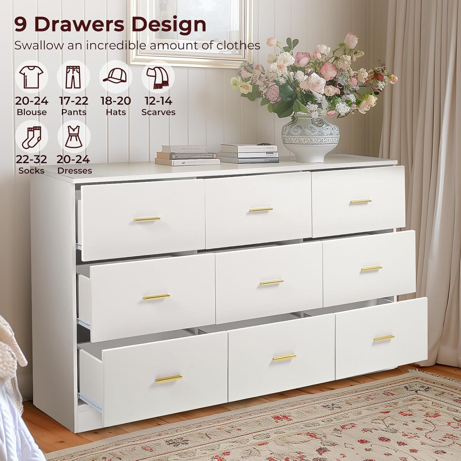 White Dresser for Bedroom with 9 Drawers, Long TV Stand, Modern Chest of Deep Cabinets and Wooden Top, Perfect for Living Room Storage, 63" 15.5" 30"