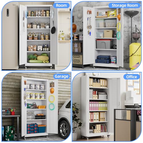 Garage Storage Cabinet with Wheels & Pegboard, 72" H Locking Metal Storage Cabinet with Doors and 4 Adjustable Shelves for Garage Workshop Home