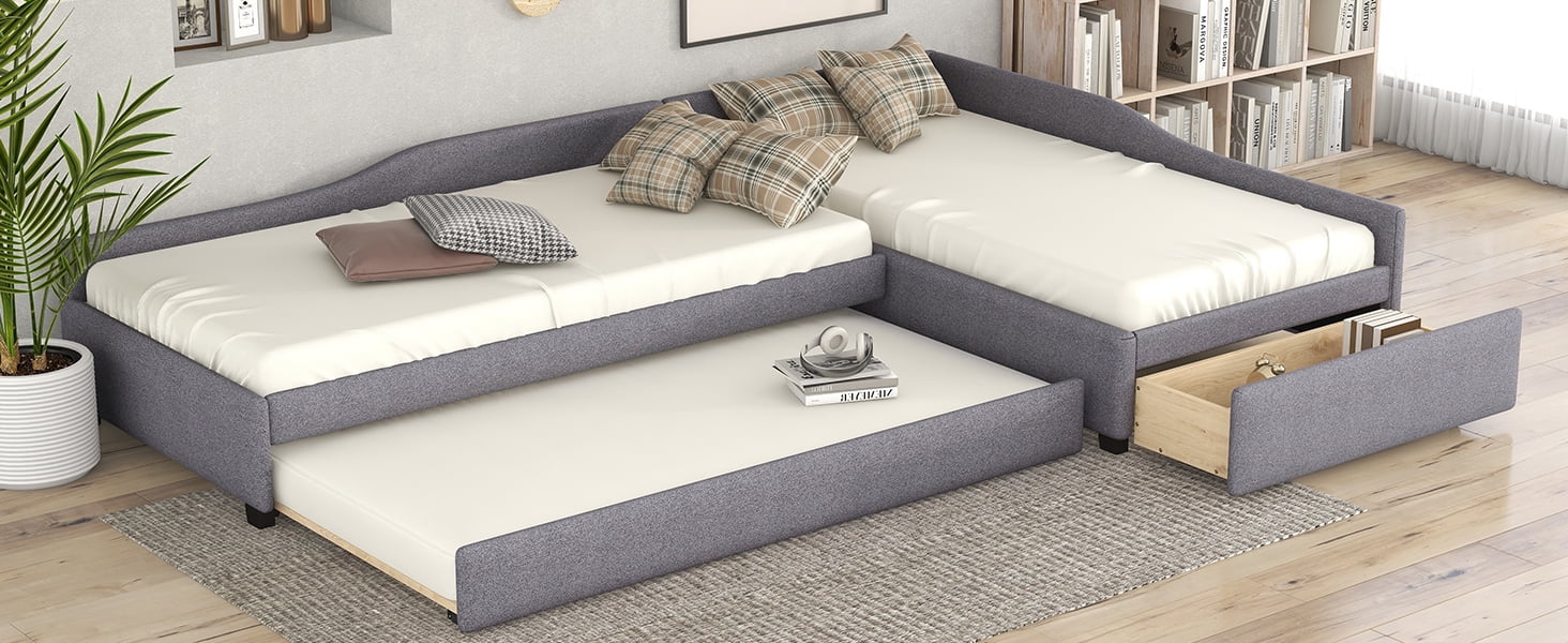 CoSoTower Upholstered Double Twin Size Daybed with Trundle and Drawer, Gray