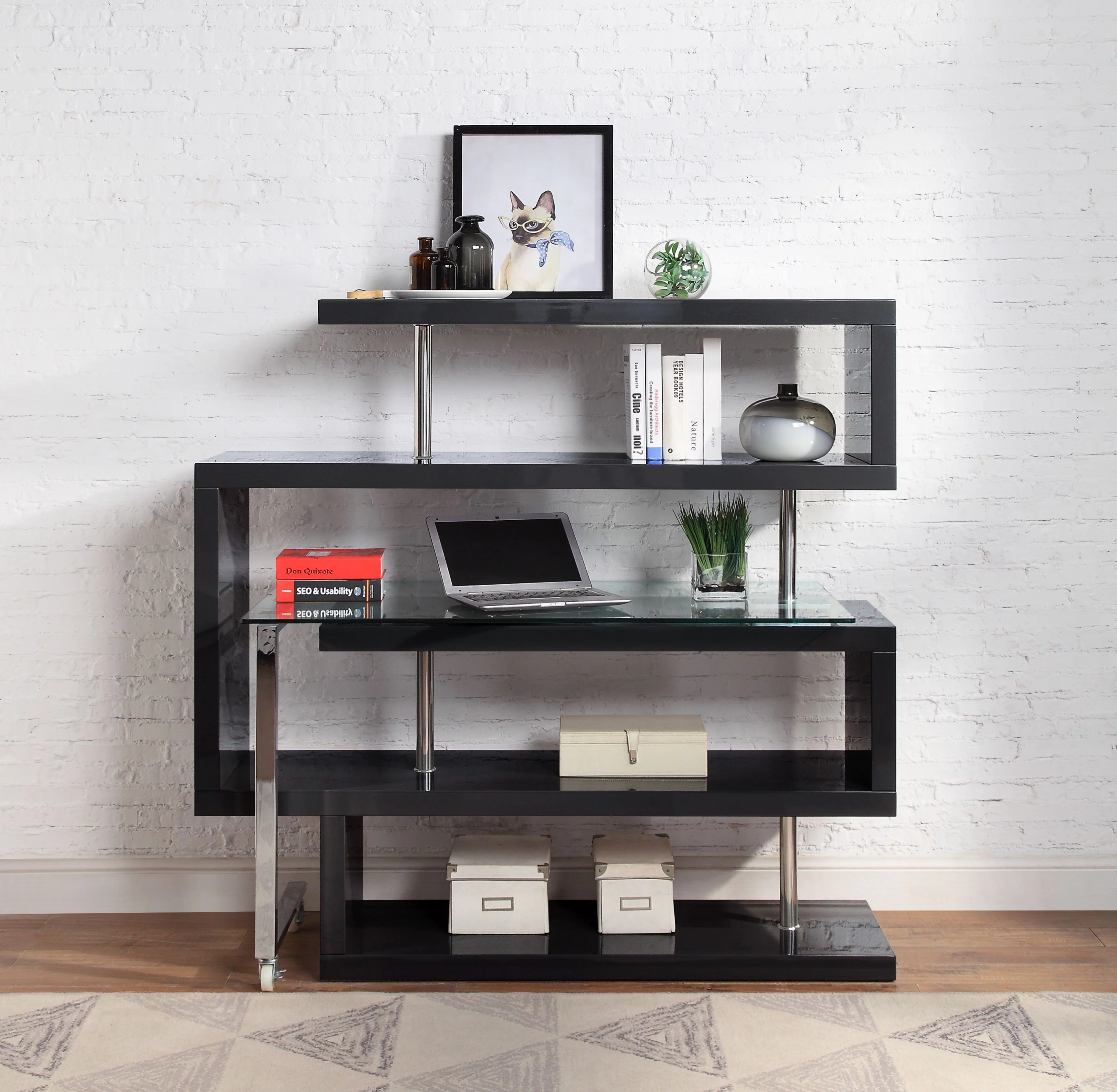CoSoTower Writing Desk With Shelf, Clear Glass, Black & Chrome Finish 93177