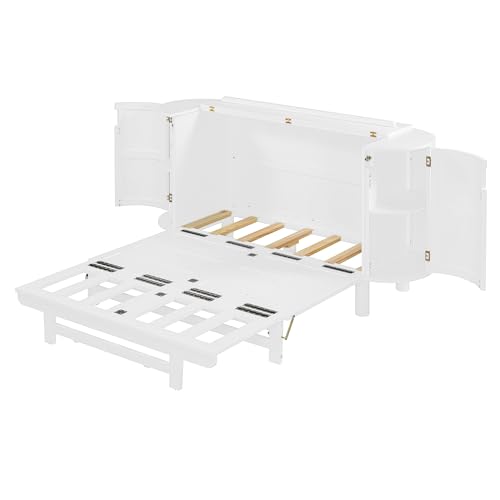 Queen Size Farmhouse Murphy Bed Cabinet with Charging Station, Foldable Platform Bed Frame with 2 Storage Drawers