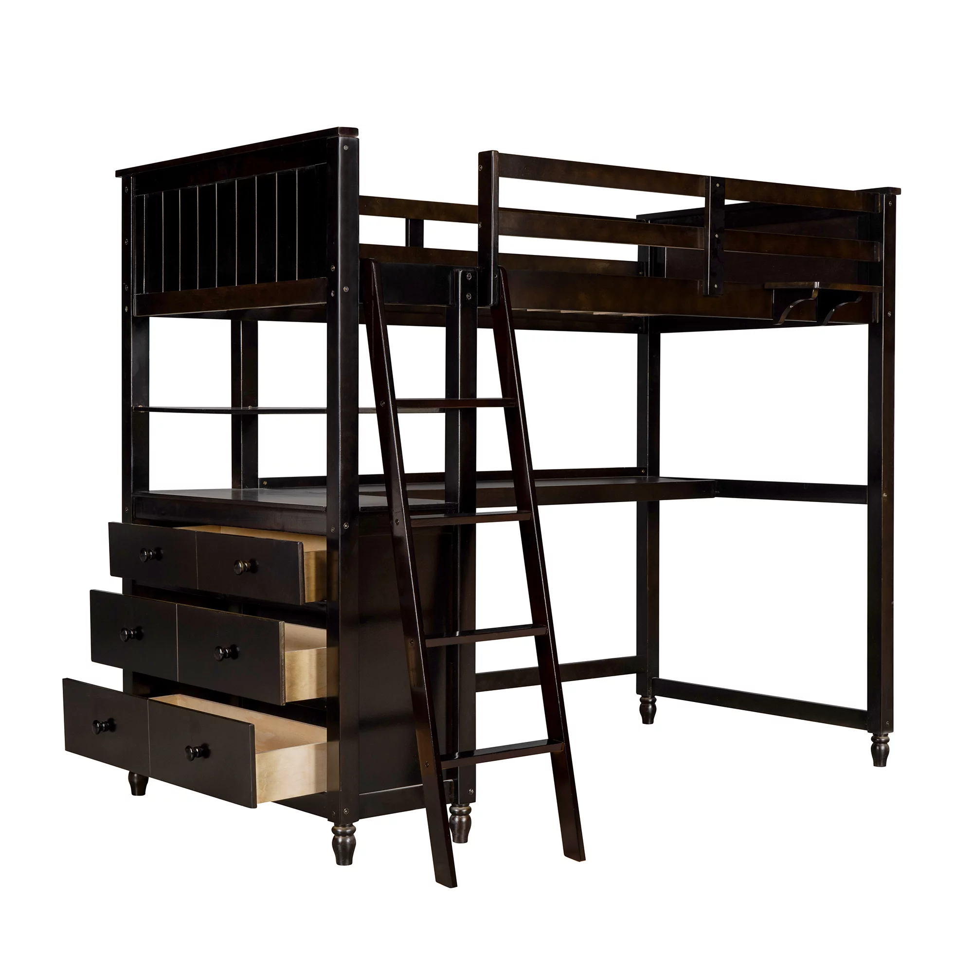 Pine Wood Twin Size Loft Bed with Desk and Shelves, Built-in Drawers, Space-Saving Dorm Apartment Bedroom Loftbed Frame W/Guardrail