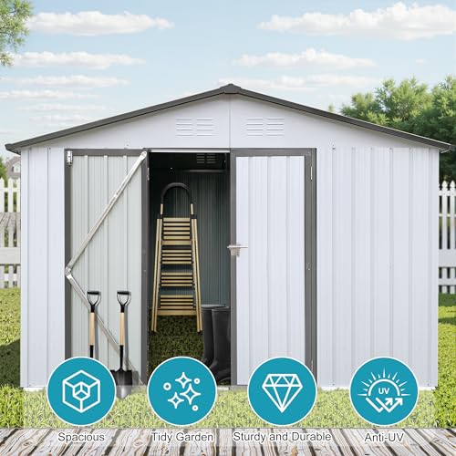 8x6 FT Outdoor Storage Shed, Metal Tool Shed with Lockable Doors, Peaked Roof & Frame Floor