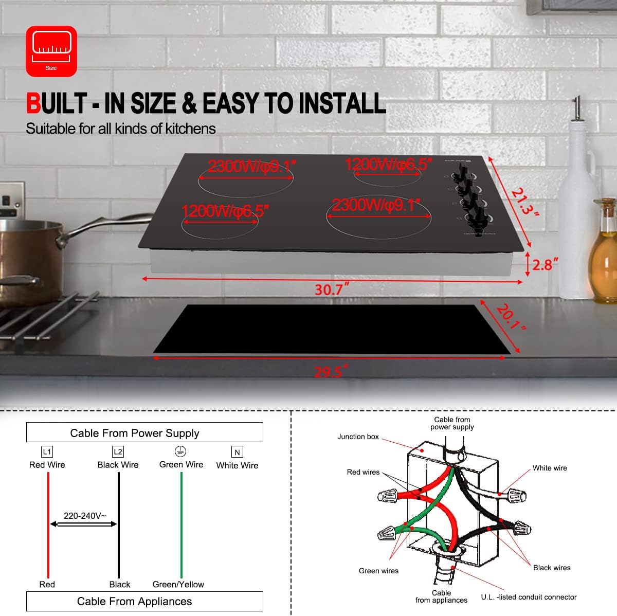 Electric Cooktop 30'', GASLAND Chef Pro Series Built- in Ceramic Cooktop 4 Burners, 220V Smoothtop Style Cooktop, Knob Control, Hot Surface Indicator