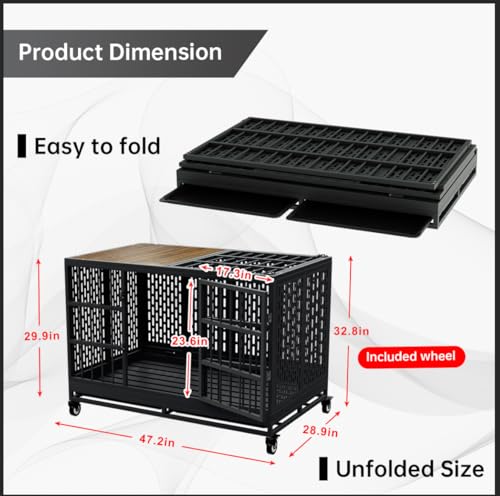 48/42/38 Inch Heavy Duty Dog Crate with Wheels, Folding Metal Big Dog Cage for Large and Medium Dogs