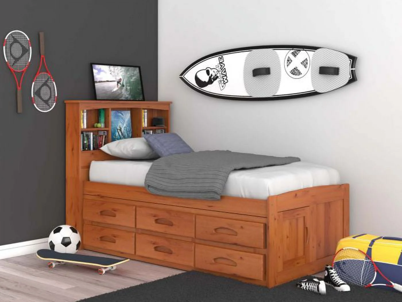 Discovery World Furniture - Full Size Bed Frame with Headboard Bookcase Captain Bed with 6 Drawers, Full Size Bed with Storage, Charcoal