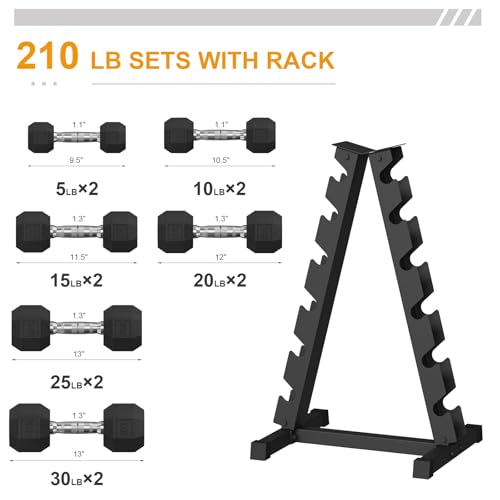 Premium Rubber Coated Hex Dumbbell Weight Set With Rack, Multiple Packages,210LB/350LB/450LB/550LB for Home Gym