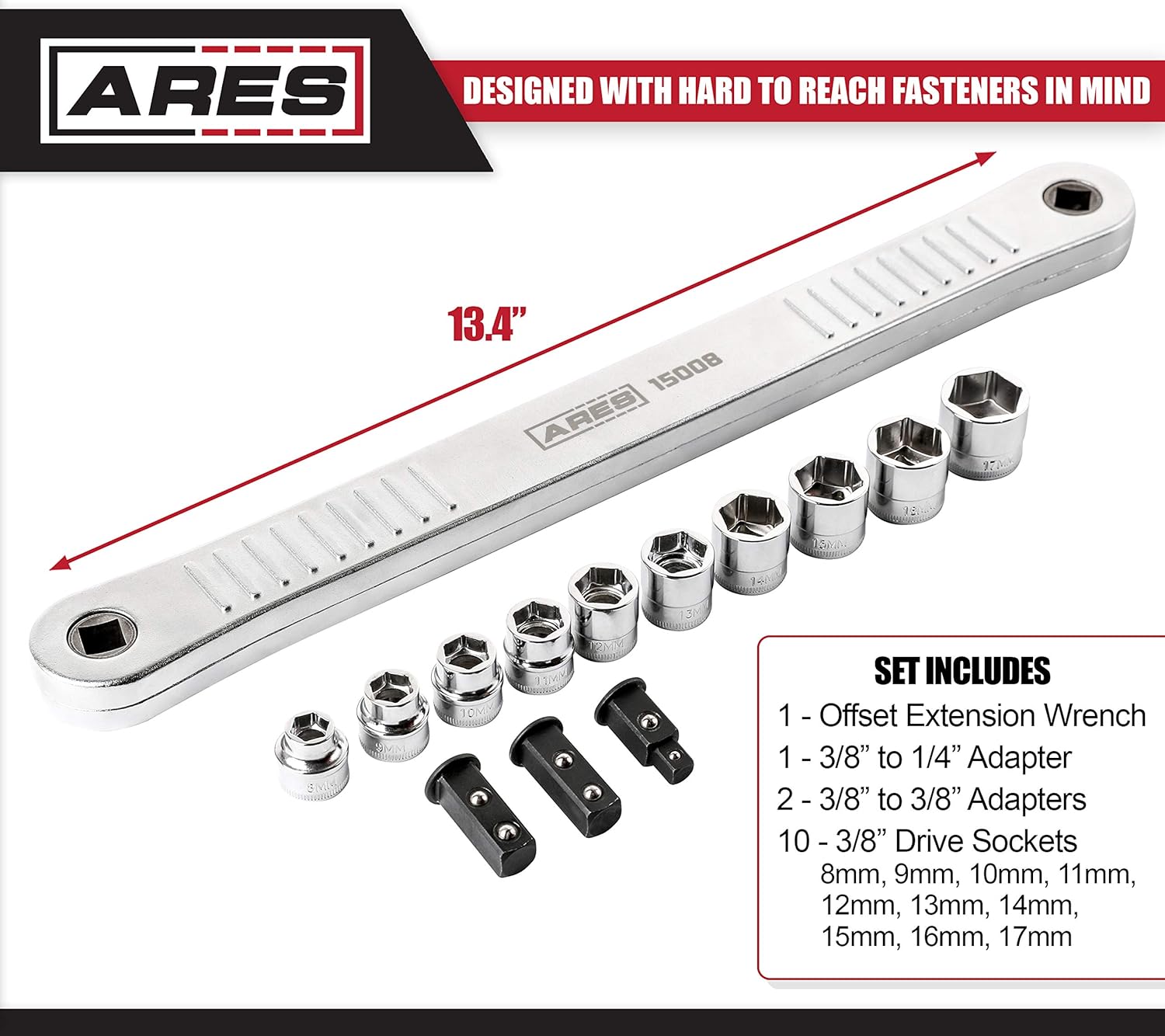 ARES 15008 - Impact Ready Offset Extension Wrench & Low Profile Socket Set