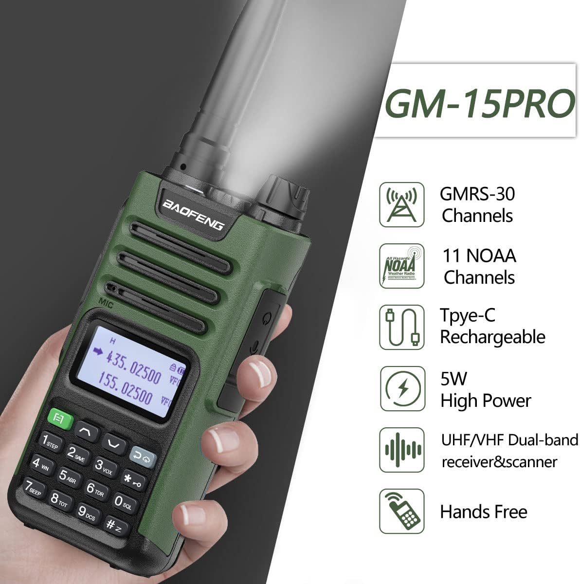 BAOFENG GM-15 PRO GMRS Radio Long Range Walkie Talkies Rechargeable,GMRS Repeater Capable,NOAA Scanning & Receiving Two Way Radio