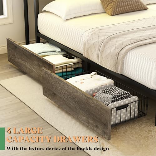 AMERLIFE Full Size Bed Frame with Bookcase Headboard, 4 Storage Drawers, Wooden Platform Bed with Charging Station & LED Light, No Box Spring Needed