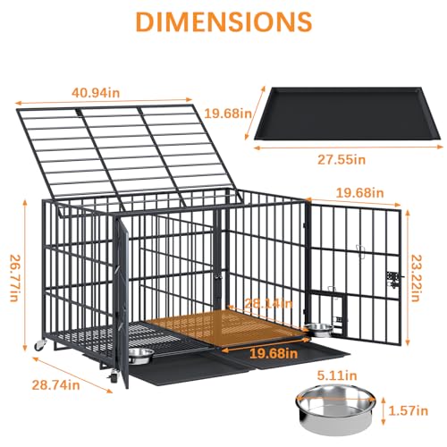 aboxoo 42/48 inch Heavy Duty Metal Dog Crate for 2 Dogs/Large Dog,All Metal Open Top,Dog Kennel Indoor with Wheels,Floor Grid, Tray