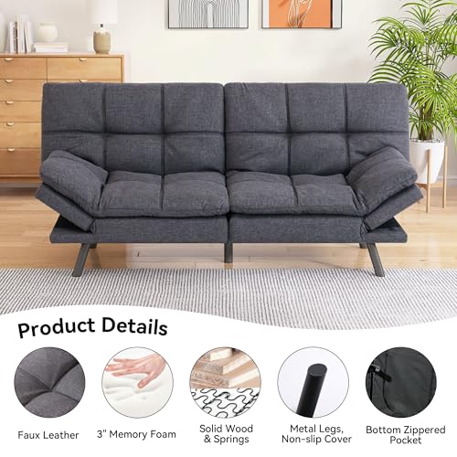 71" Convertible Futon Sofa,Faux Leather Futon Couch Bed,Sleeper Sofa Bed,Memory Foam Modern Folding Small Loveseat for Living Room,Office,Apartment