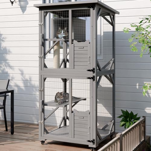 OFIKA Cat House Catio Outdoor Enclosure with Waterproof Roof,71'' cat House & Condos on Wheels for Outdoor Patio,Cat Window Box,Scratching Post（White）