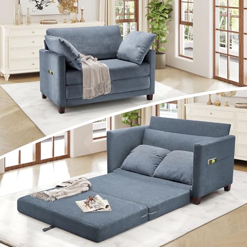 51" Loveseat Sleeper Sofa Bed, Chenille Convertible Floor Sofa Bed for Small Spaces, Folding Couch Bed with Deep Seat, 2 Pillows & Solid Frame