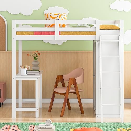 Harper & Bright Designs Full Size Loft Bed with Wardrobe and Desk, Solid Wood Loft Bed Frame with Storage, for Kids Teens Adults (Full Size, White)