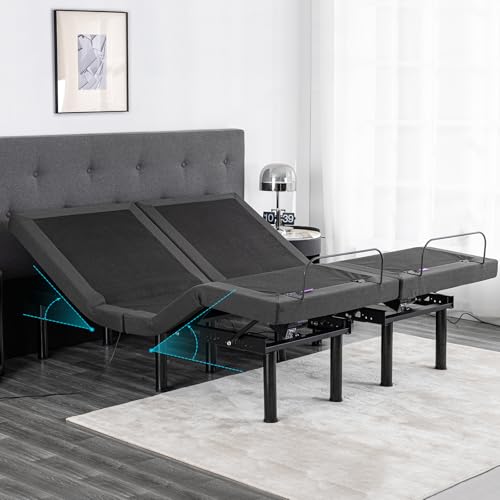 Split King Adjustable Bed Frame with Mattress, 12 Inch Grey Gel Memory Foam Medium-Firm Mattress in Box