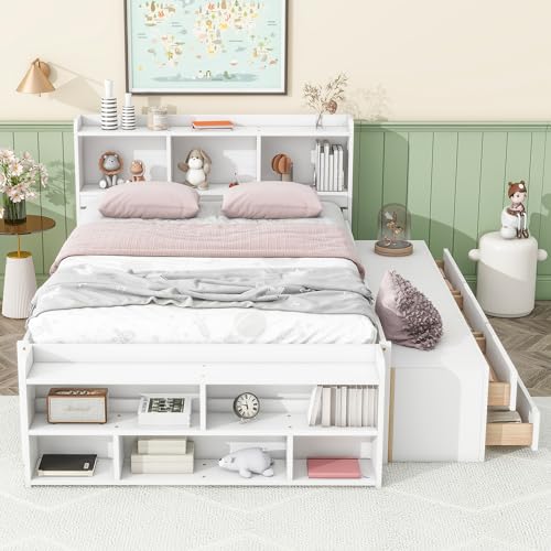 SOFTSEA Full Size Platform Bed with Storage, Platform Bed with Drawers and Bed End Case, Wood Platform Bed Frame with Storage Bookcase Headboard