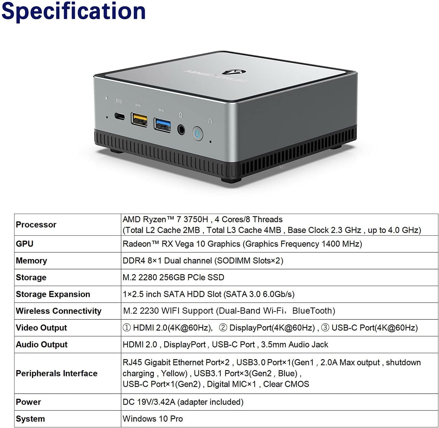 Mini PC AMD Ryzen 7 3750H UM700 | 8 GB RAM 256 GB PCIe SSD | Radeon RX Vega 10 Graphics | Dual WiFi BT 5.1 | HDMI 2.0 / Display/USB-C | 2X RJ45 | 4X