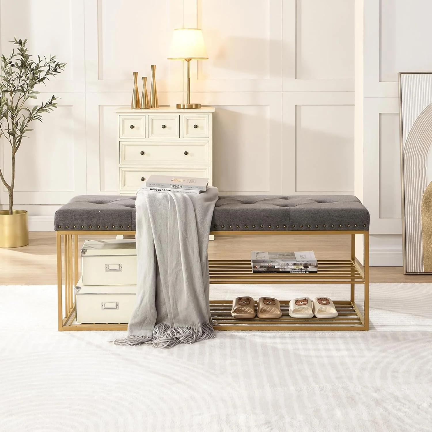 YGDU End of Bed Bench-Upholstered Entry Shoe Storage with Nailhead Trim,Black Mental Frame Ottoman Bench for Bedroom Entry Window Mudroom Living Room