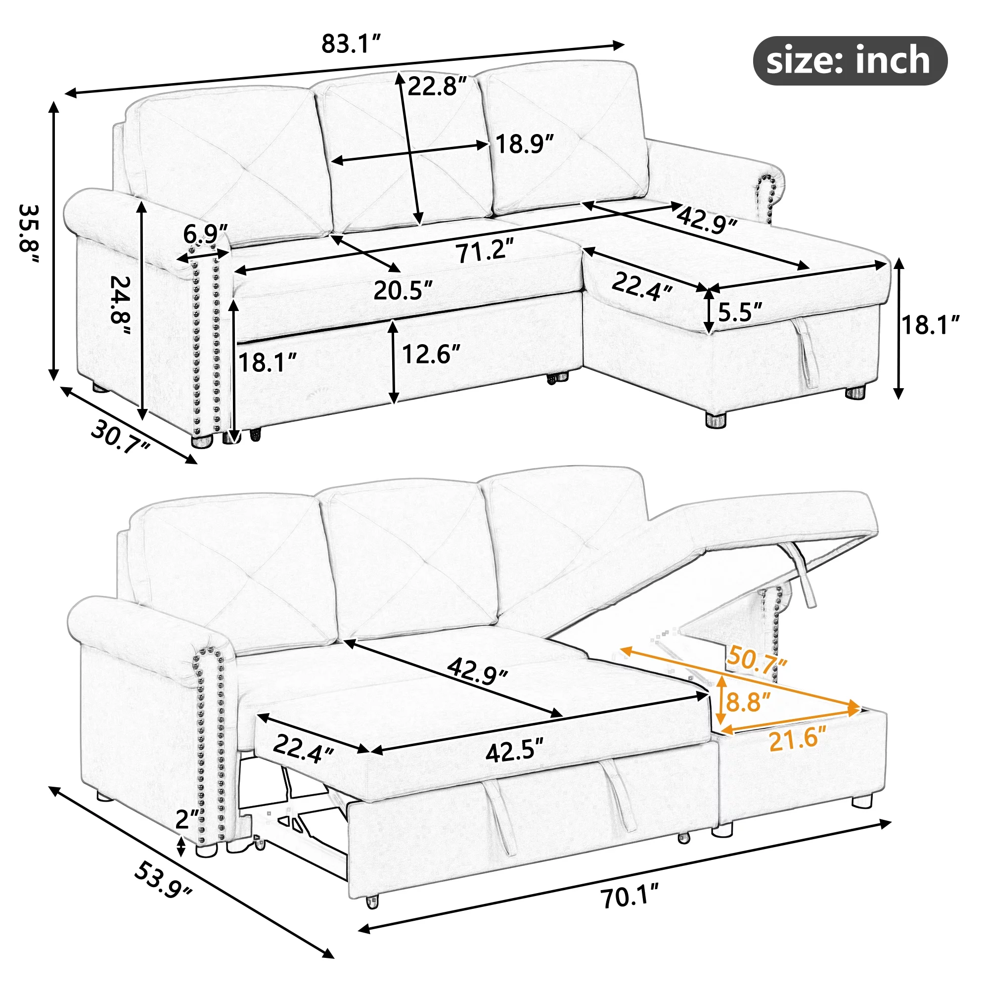 Euroco 83" L Shaped Sofa Bed Modern Convertible Sleeper Sofa Bed with Storage Chaise, Gray - Curated Treasures Market