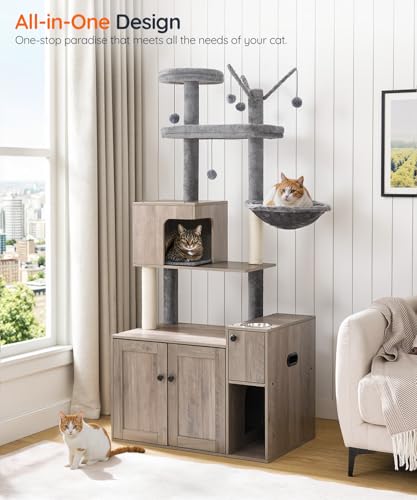 HOOBRO Cat Tree with Litter Box Enclosure, 68.9" H Cat Tower with Food Bowl and Storage, Hidden Litter Enclosure Furniture