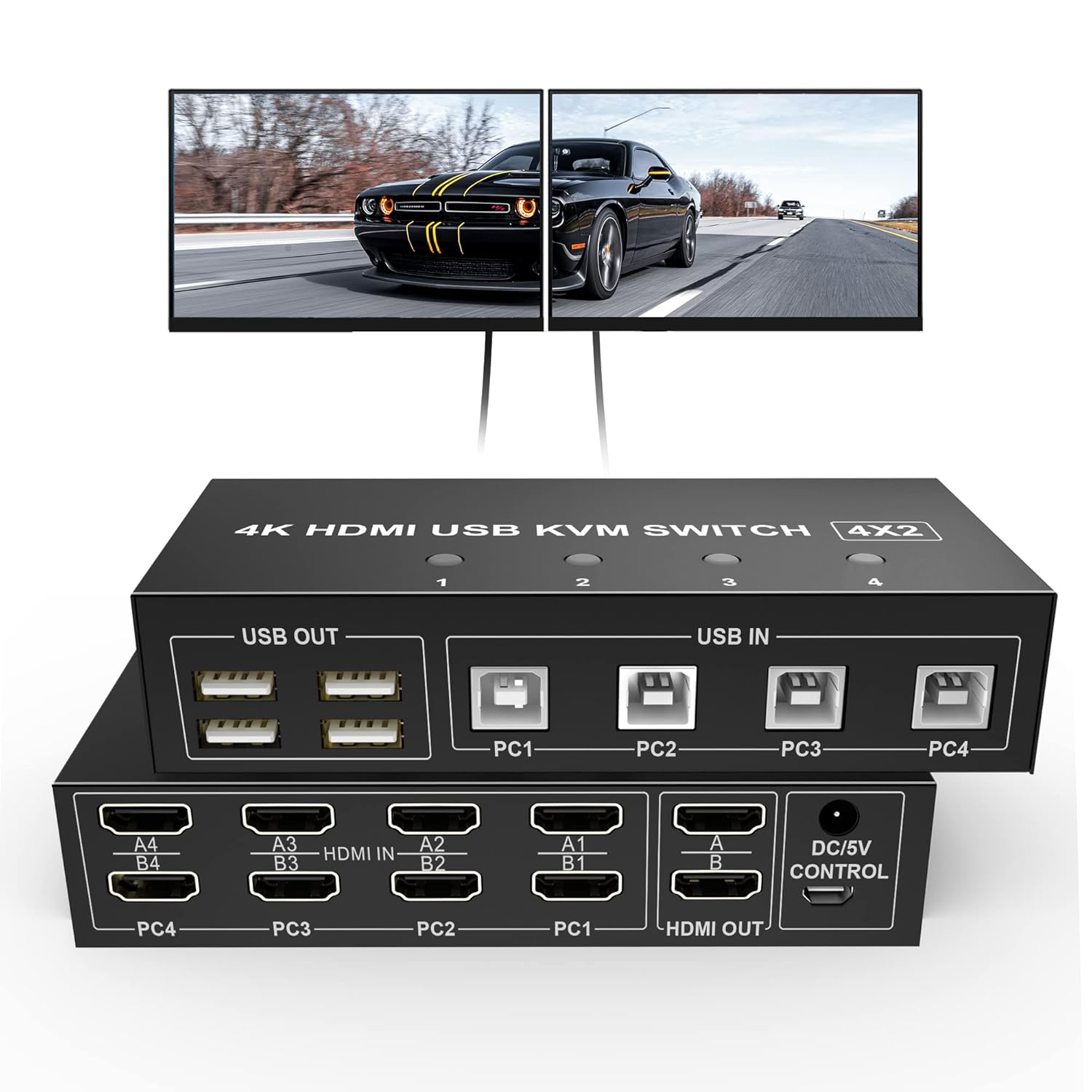 Dual Monitor KVM Switch HDMI 4 Port Extended Display 4K@60Hz KVM Switch 2 Monitors 4 Computers KVM Switch HDMI 4 in 2 Out PC Monitor Keyboard Mouse