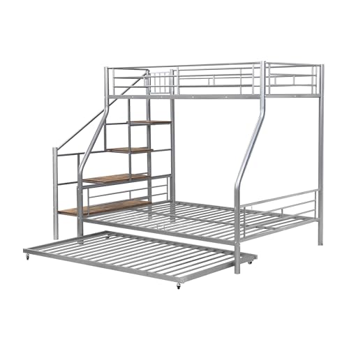 Twin Over Full Bunk Bed - Metal Full Size Bed with Trundle and Storage Staircase, Heavy Duty Bed Frame with Safety Guaedrail