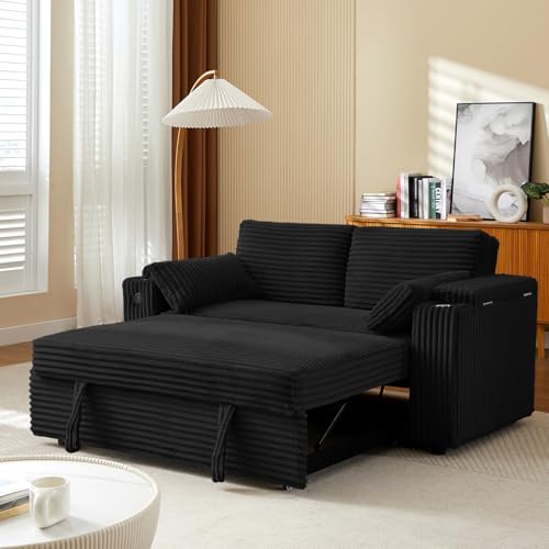 68.11" Corduroy Sleeper Chair Bed with USB Port, Cup Holders & Side Storage Pockets – 3-in-1 Foldable Sofa Bed for Guest Room, Living Room – White