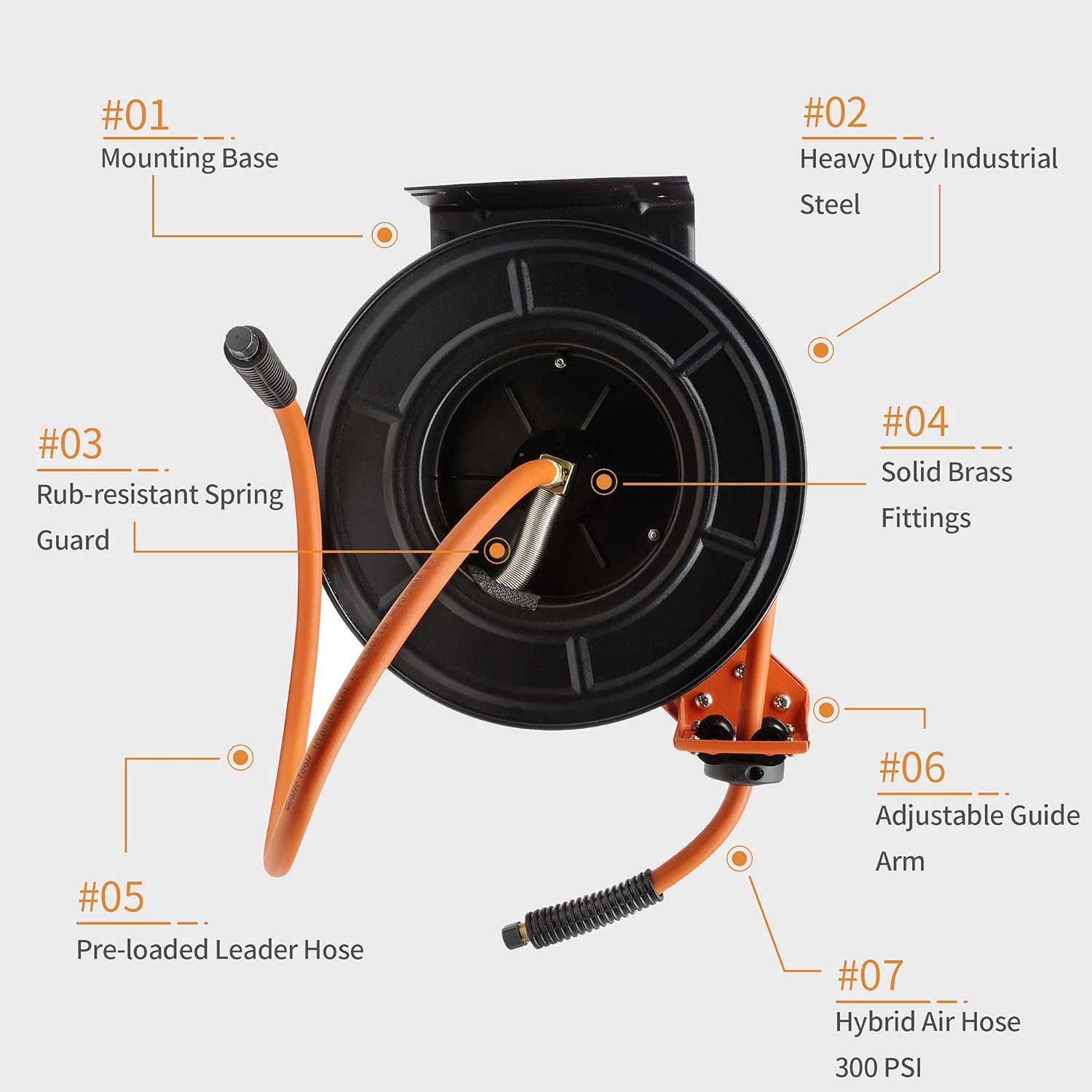 Giraffe Retractable Air Hose Reel Wall Mount with 3/8 in. x 50 FT Hybrid Hose, Pneumatic Heavy Duty Steel Reel Auto Rewind 300PSI