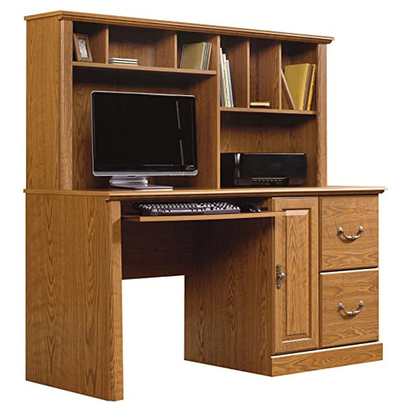 Kingfisher Lane Traditional Wood Computer Desk with Hutch in Carolina Oak