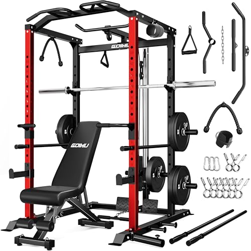 C1-V4 Power Cage, 2000LBS Squat Rack with LAT Pulldown, Multi-Function Weight Cage Strength Training Machine