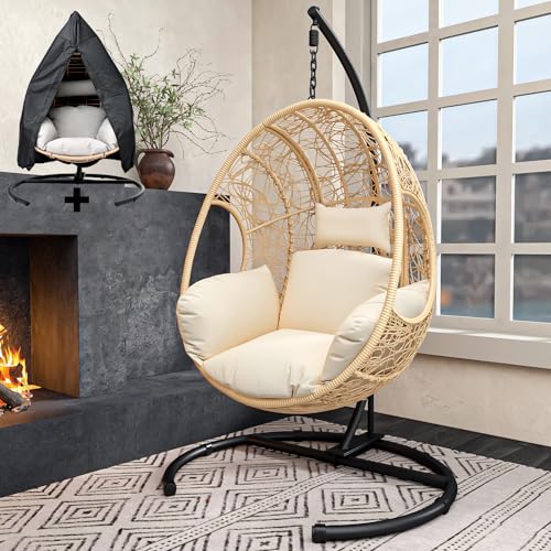 Egg Swing Chair with Stand up to 400lbs, Oversized Outdoor Hanging Egg Chair with Extra Large Round Base, All Weather Wicker, Rain Cover